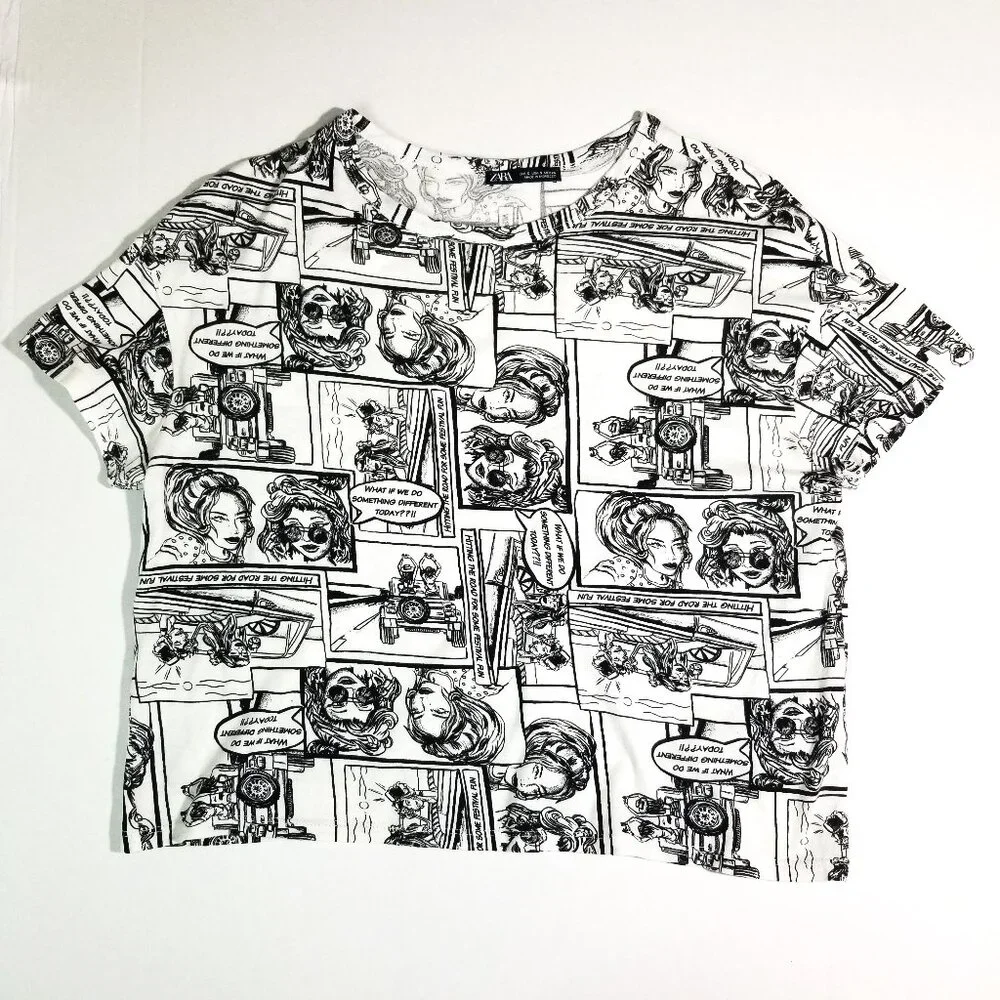 Zara Women Comic Print Top Black/White Small - Picture 1 of 8